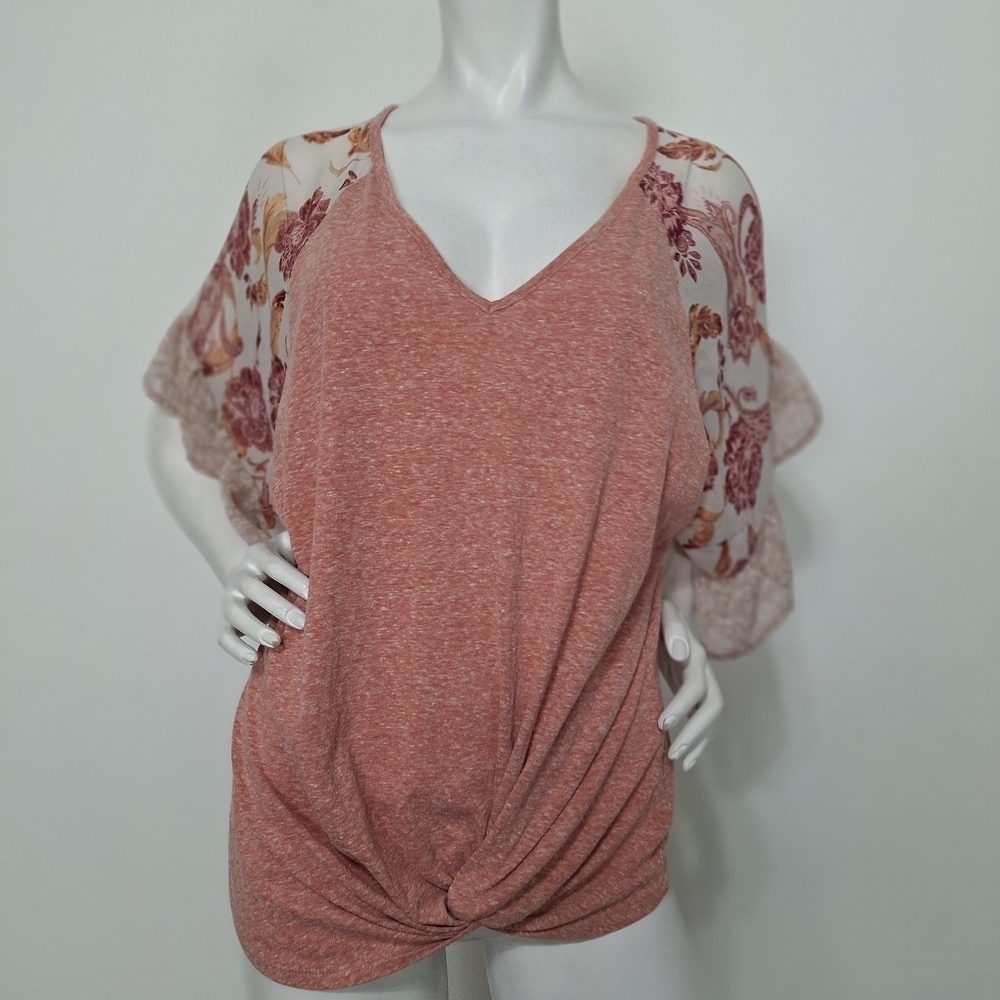 Tru Self Coquette Peach Cream Floral Ruffle Sleeves Twist Front Blouse Size XL